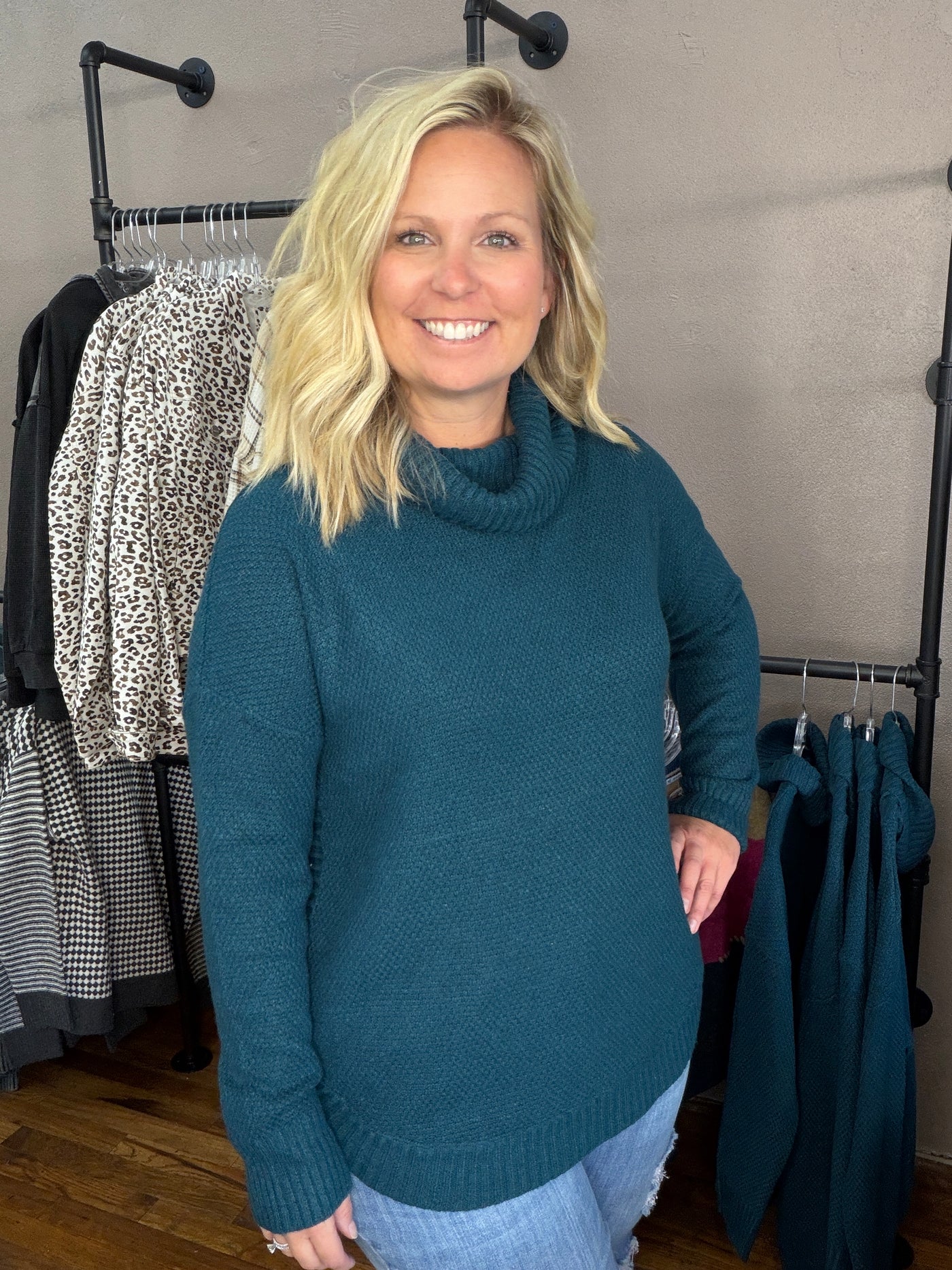 Teal Slouchy Turtle Neck Sweater