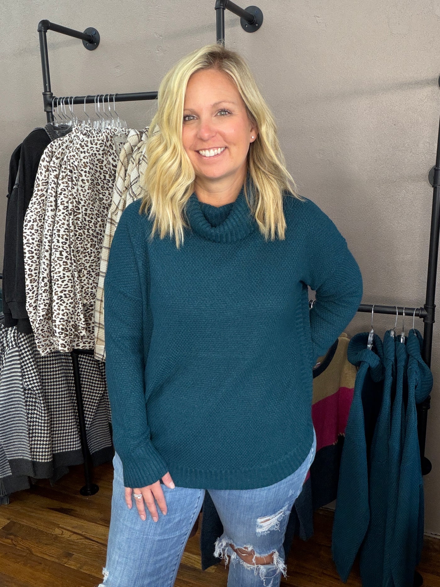 Teal Slouchy Turtle Neck Sweater