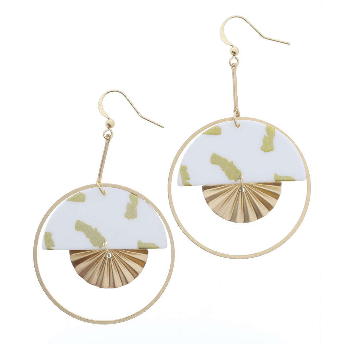 Gold Bar Drop Half White Circle with Gold Dots and Gold Fan Charm Earrings