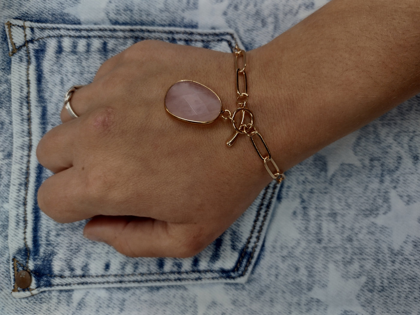 Gold Bracelete with Pink Gem Pendant