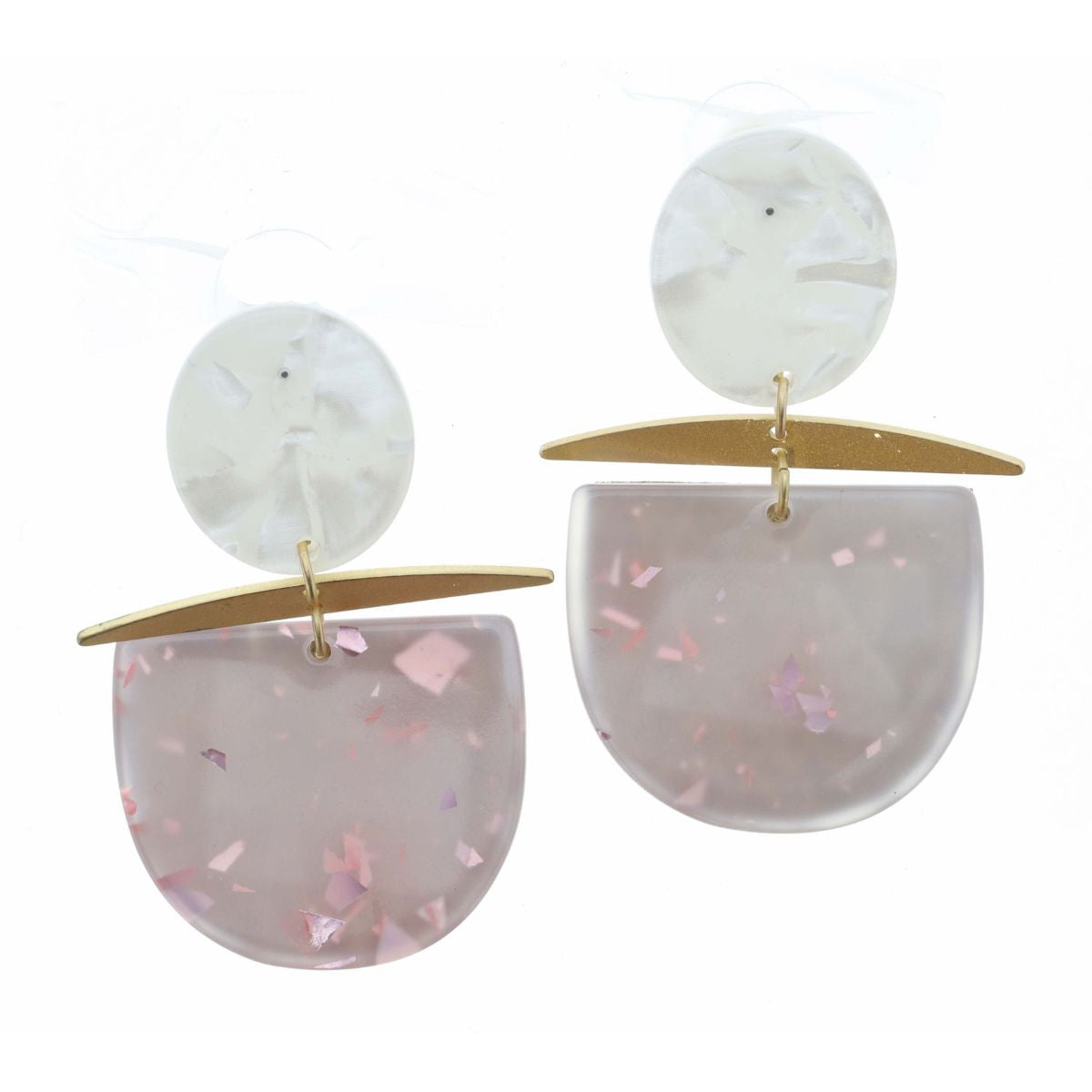 White Resin Oval Gold Bar and Clear with Pink Foil Accent Earrings