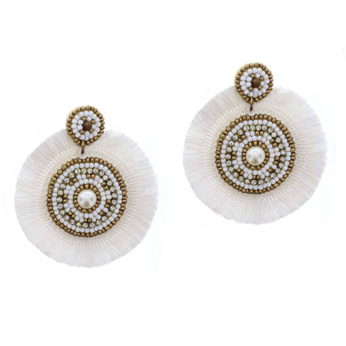 White and Gold Seebead Circle with White Fringe Earring