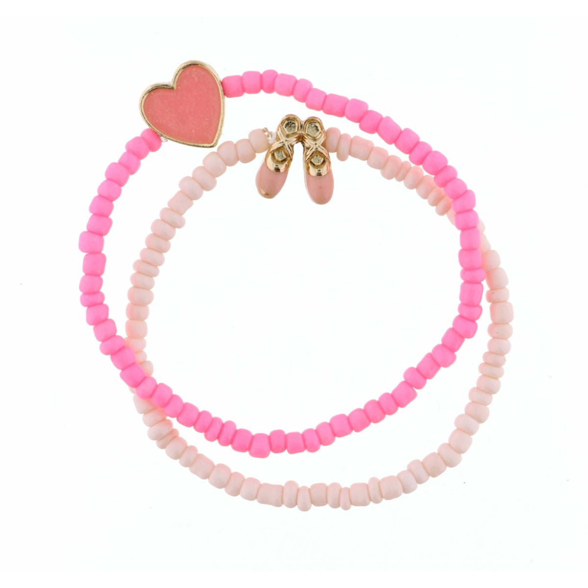 KIDS SET OF 2, PINK STRETCH WITH HEART & BALLET SLIPPERS BRACELET