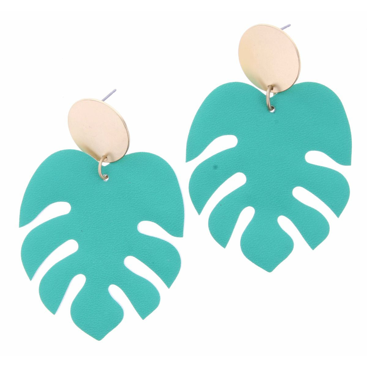 Gold and Mint Green Leather Palm Leaf Earrings