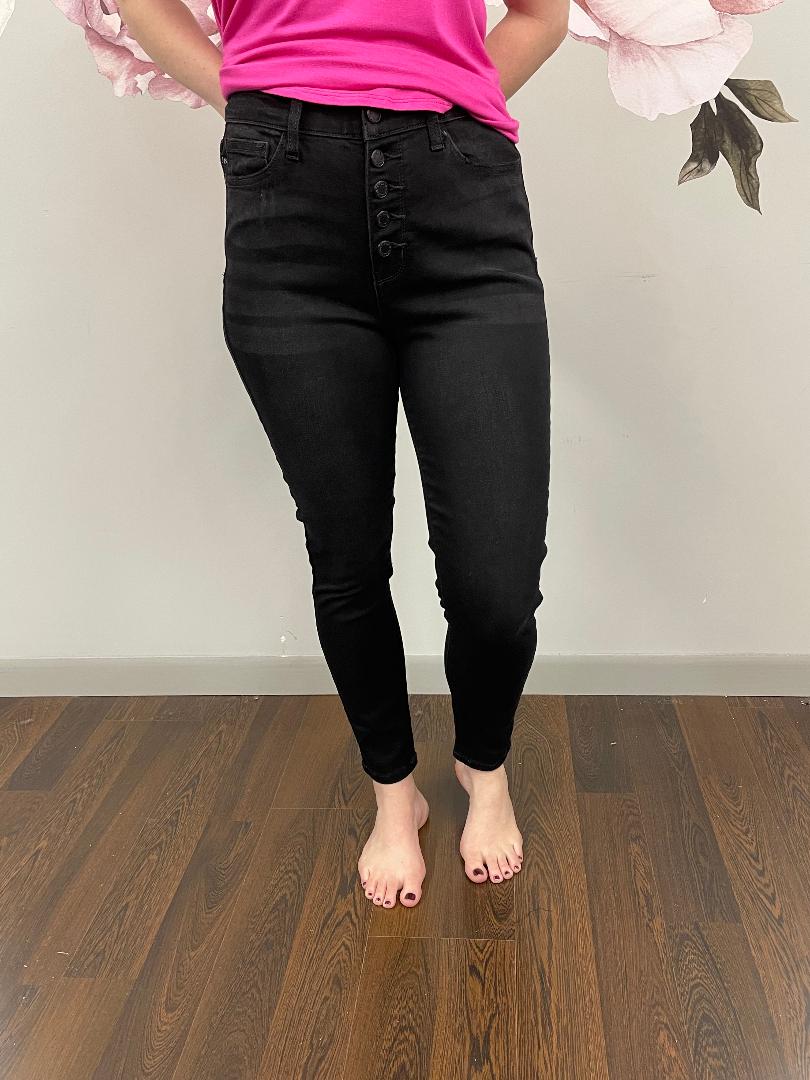 High Rise Skinny Button Fly Black Jean